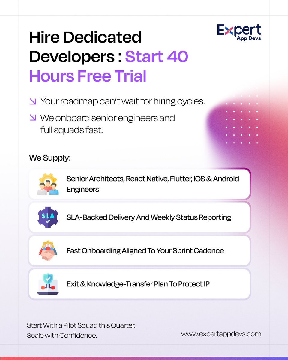 ExpertAppDevs's tweet image. Bridge hiring gaps fast ⚡
#ExpertAppDevs supplies vetted engineers—React Native, Flutter, iOS, Android, DevOps &amp;amp; architects—aligned to your sprint KPIs.
✅ SLAs ✅ Reports ✅ IP-safe exits
Start your 40-hour free trial 👉 expertappdevs.com

#HireDevelopers #DedicatedTeam
