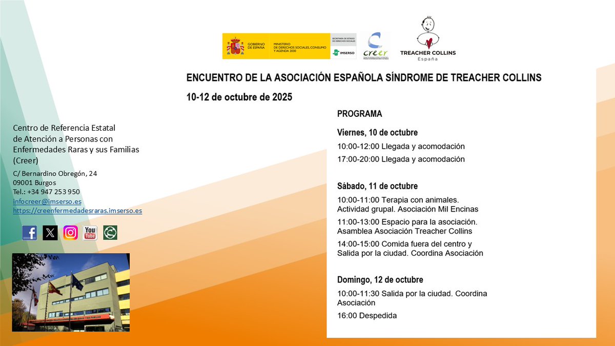 Hoy recibimos en <a href="/CentroCREER/">Creer Imserso</a> <a href="/Imserso/">Imserso</a> a los participantes del Encuentro de la Asociación Española del síndrome Treacher Collins
¡Bienvenidos @treachercollinsasoci! #TreacherCollins #EncuentrosCreer
creenfermedadesraras.imserso.es/detalle-actual…