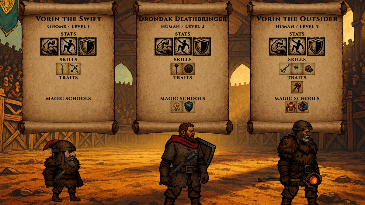 TabulaForge's tweet image. #solodevsurvivor here, covered in sand and caffeine.
 Chains on Sand (tactical gladiator roguelike) is almost out; demo’s live! Step into the sand!