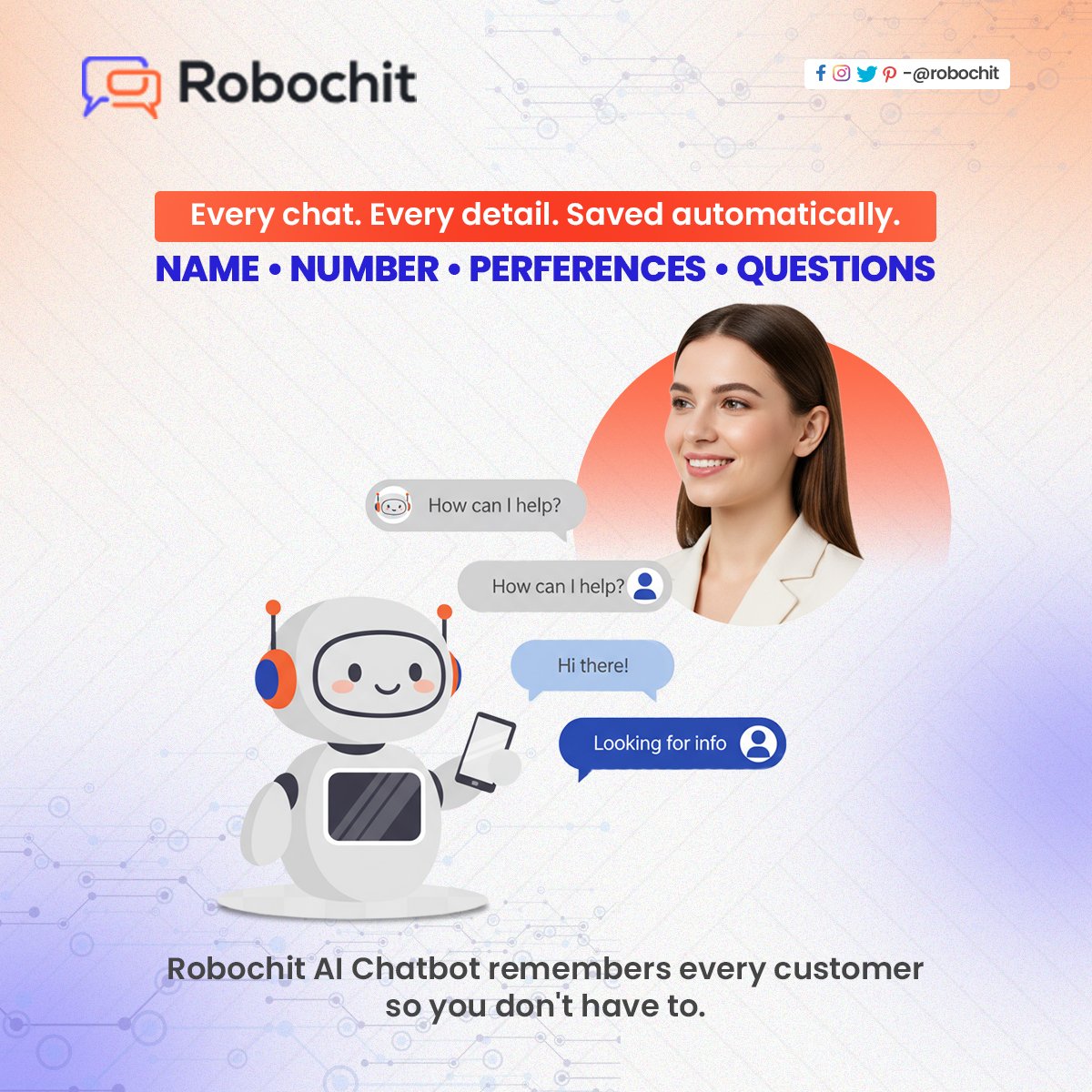 RoboHDT's tweet image. Your customers remember great service — Robochit remembers everything else! 🤖
Let AI handle names, numbers &amp;amp; questions effortlessly.

Automate your chats today!
📲 +91-7404900081 | 🌐 robochit.com

#AIChatbot #CustomerSupport #ChatAutomation