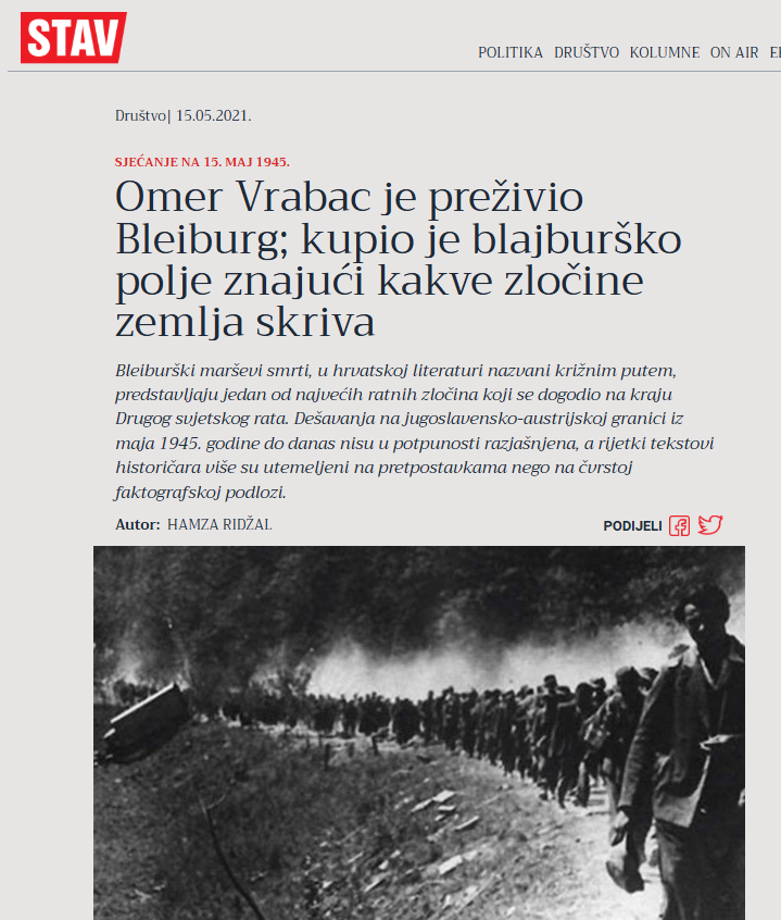 Omer Vrabac je ujak od Halida Bešlića

Omer Vrabac je preživio Bleiburg, kupio je blajburško polje znajući kakve zločine zemlja skriva ...