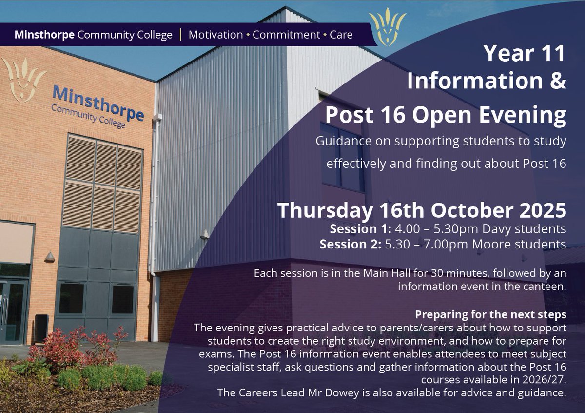 We look forward to welcoming you to our Y11 Information Session and P16 Open Evening next week. See details below.