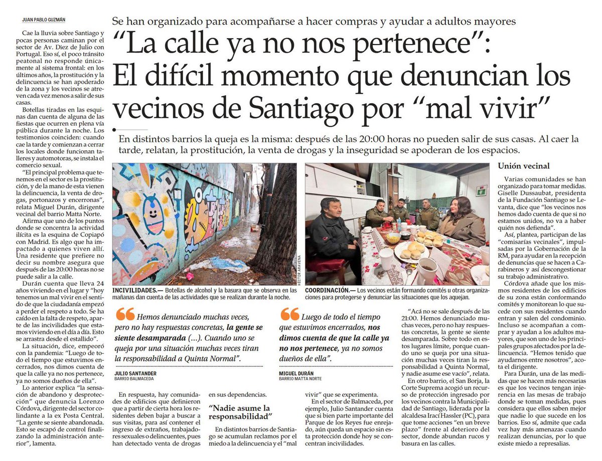 <a href="/Gatablanca87/">gata blanca</a> Comuna Santiago se ha convertido en lugar de inseguridad para sus habitantes. La gente ha perdido la confianza y libertad para salir a las calles.
En regiones la situación es igual de caótico...