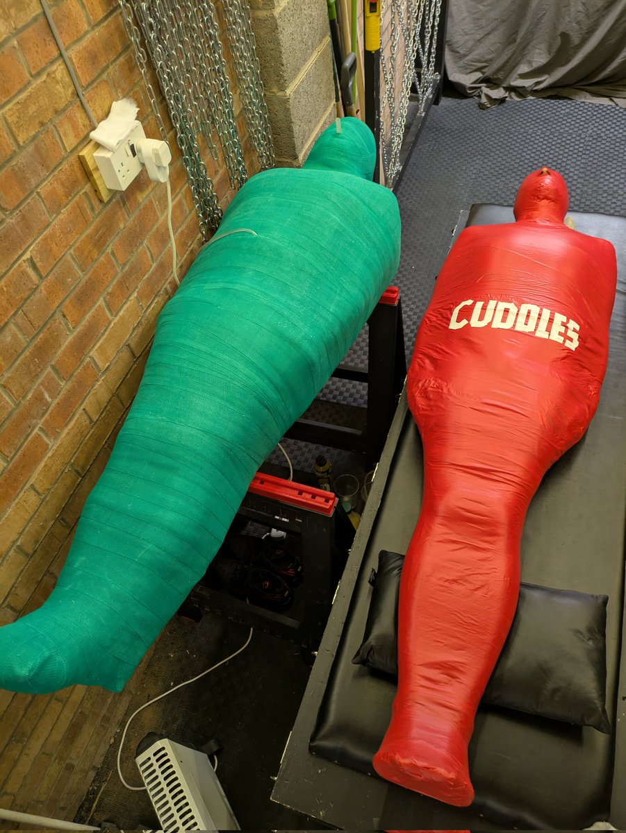 Don't they look like a happy couple? <a href="/SelfBondageGuy/">Pup Nitro 🔜 ???</a> in fibre cast on the left and <a href="/CuddlesPyro/">Cuddles 🐶🔜 ??</a> in PVC tape on the right. 🧻: <a href="/mummfunn/">mummfunn</a> &amp; I.