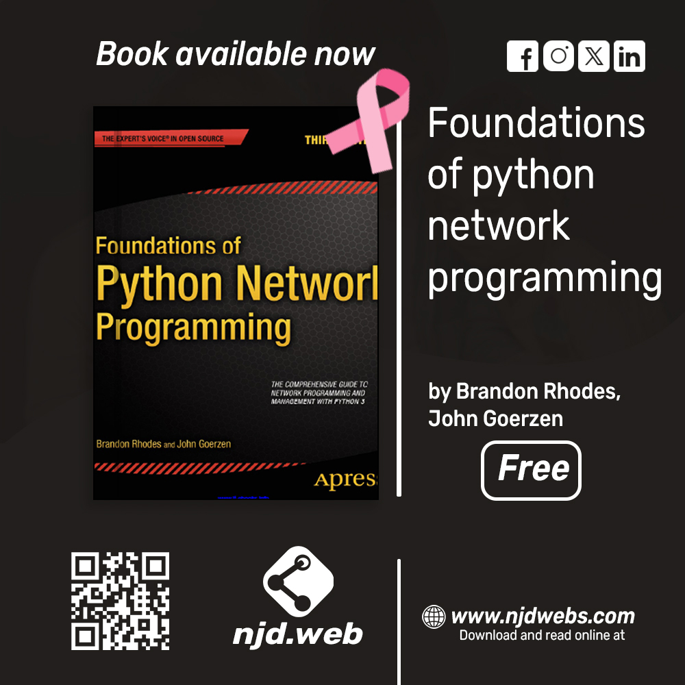 njdwebs's tweet image. “Foundations of Python Network Programming.”
📖 Available now — read it online on NJD Web Download!
#PythonProgramming #NetworkProgramming #Networking #ScienceBook #SoftwareDevelopment #NJDWebDownload #TechEducation #ProgrammingSkills #TechInnovation #PythonNetworking #Coding
