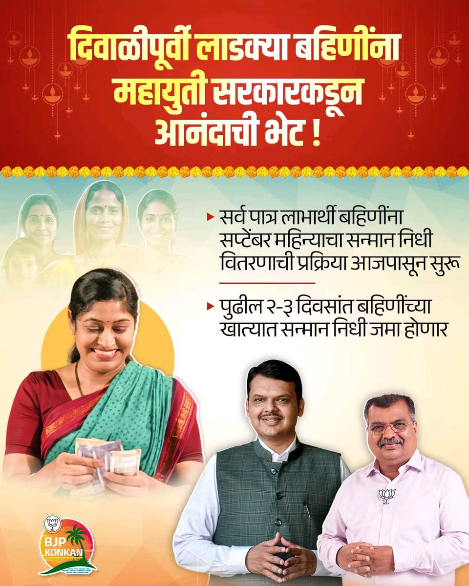 भाऊबीज चुकणार न्हाय 
देवाभाऊ पाठीशी हाय

#लाडकीबहीण सन्माननीधी वितरण आजपासून सुरू.
तीन दिवसात हप्ता लाडक्या बहिणीच्या खात्यात जमा होणार. 

#DevendraFadnavis