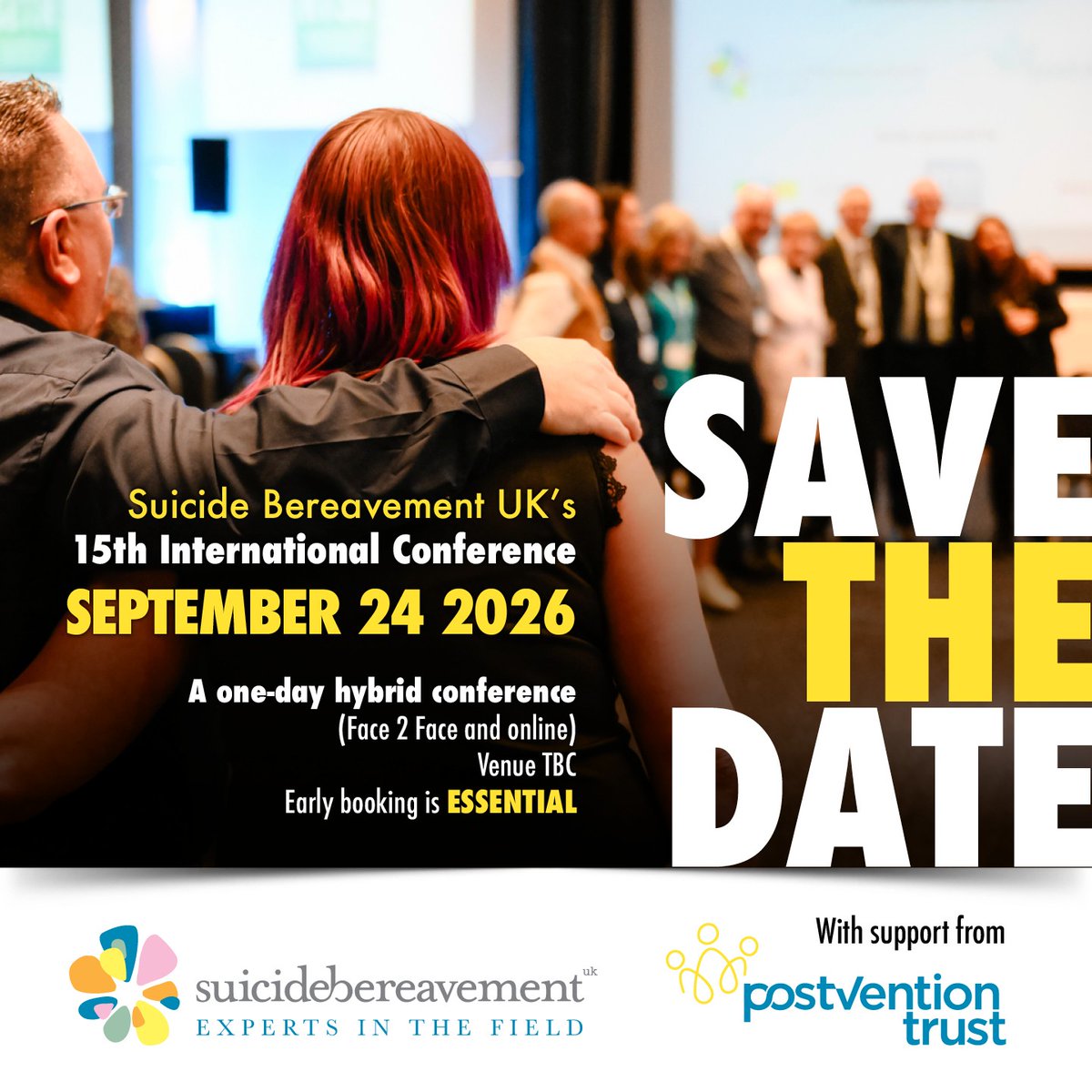 📅 Save the Date!

Suicide Bereavement UK’s 15th International Hybrid Conference

🗓️ 24 Sept 2026

Join a community dedicated to learning, connection &amp; hope in suicide bereavement and prevention. 💙
#SBUKconf26 #SaveTheDate #SuicidePrevention