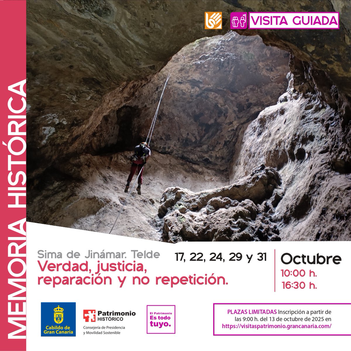 #PatrimonioVivo
VISITA GUIADA: La Sima de Jinámar (Telde). Verdad, justicia, reparación y no repetición
📆 17, 22, 24, 29 y 31 de octubre de 2025
🕙 10:00 y 16:30 horas
👉 Plazas limitadas. Inscripción a partir de las 9:00 h. del 13 /10/2025 
+info: visitaspatrimonio.grancanaria.com/events/165