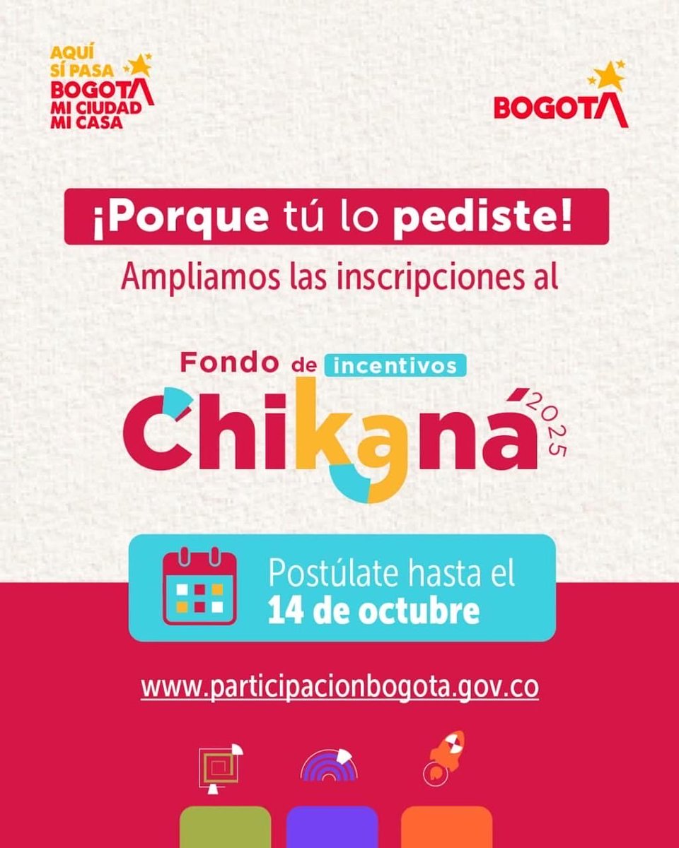 El Instituto Distrital de la Participación y Acción Comunal (IDPAC) amplió hasta el 14 de octubre de 2025 las inscripciones al Fondo de Incentivos Chikaná “Uno al lado del otro”, con una inversión de 2.861 millones quinientos mil pesos representados en 689 incentivos