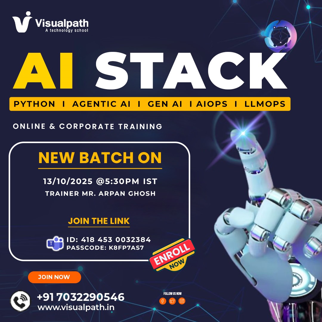 VisualpathPro's tweet image. 🚀 New Batch Alert | Master the AI Stack
  By Mr. Arpan Ghosh.
📅 Starts: 13th Oct 2025 | 🕠 5:30 PM IST
🔗 Join the Meeting: bit.ly/3J51ubN 
🆔 Meeting ID: 418 453 0032384
🔑 Passcode: K8FP7As7

📞 Contact: +91 7032290546
🌍 Visit: visualpath.in/aistack-online… 

#AIStack #AI