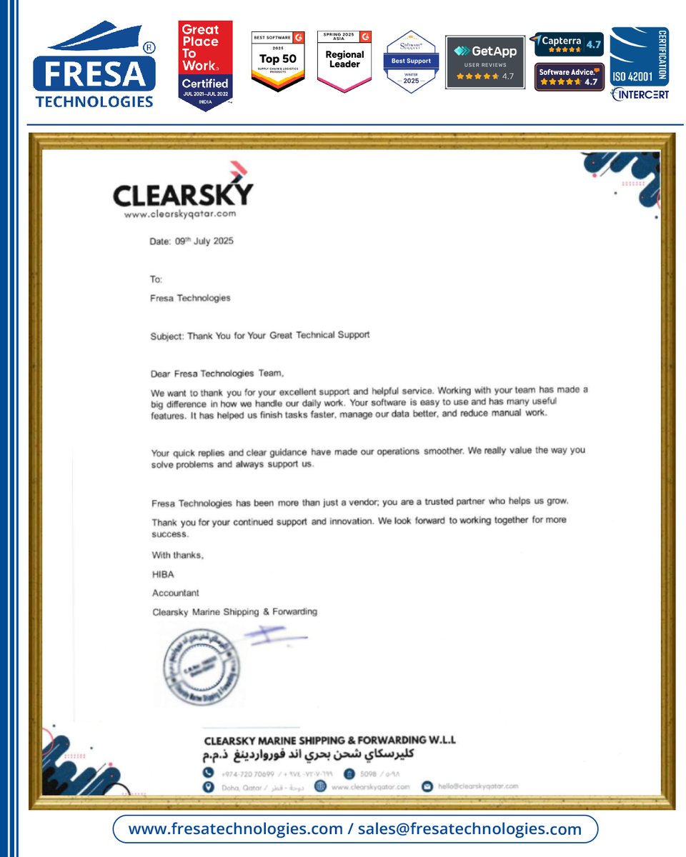 fresatechnology's tweet image. ✨We are deeply grateful to CLEARSKY MARINE SHIPPING &amp;amp; FORWARDING W.L.L  for their kind appreciation letter

#FresaTechnologies #FreightSolutions #FreightForwarding #LogisticsSoftware #SupplyChainTech #FresaGoldERP #CustomerSatisfaction #CustomerFeedback  #clearskymarine