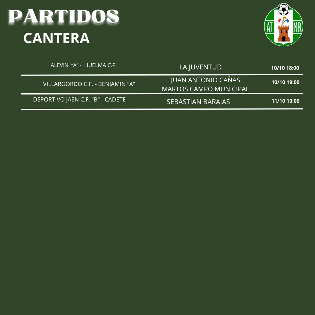 ℂ𝔸ℕ𝕋𝔼ℝ𝔸 𝕍𝔼ℝ𝔻𝔼

PARTIDOS DE NUESTRA CANTERA PARA ESTE FIN DE SEMANA 💚⚽️

#CanteraVerde 👫

#somosmanchareal💚💜