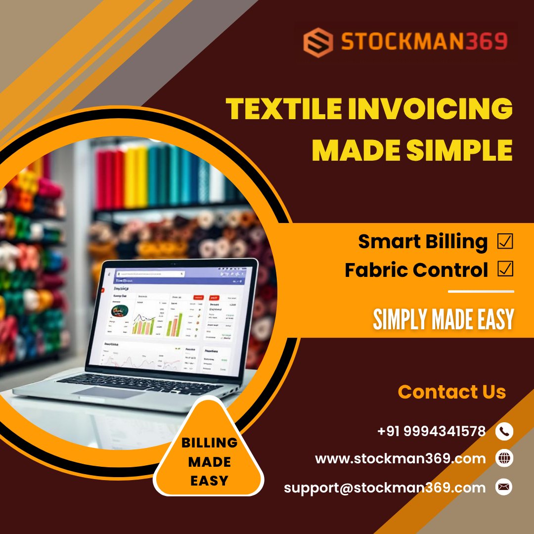 gisterpages's tweet image. Say goodbye to manual billing! With Stockman369, generate professional invoices with taxes, manage textile inventory, 

📞  +91 9994341578 
🌐 stockman369.com
📩 support@stockman369.com

#DigitalTextile #Stockman369 #BillingApp #InvoiceManagement #FabricBusiness