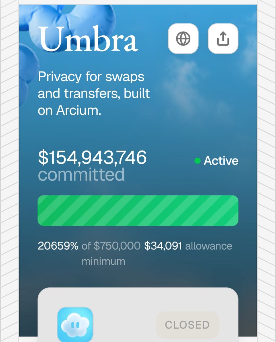CryptoTeluguO's tweet photo. 💥Update on @UmbraPrivacy sale on @MetaDAOProject

💰Total interest - $154M
🪙Sale cap set - $3M
✅everyone will get ~2% allocation of their committed fund
📤Rest usdc refund

📝If u committed 1,000 USDC, u get ~66 UMBRA and ~980 USDC

⏰Claim today at 8:30PM IST

👇Umbra's token address is PRVT6TB7uss3FrUd2D9xs2zqDBsa3GbMJMwCQsgmeta

💙Like
🔁RT