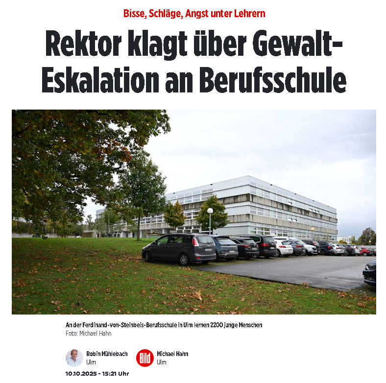 Ulm:
Egal wo, es gibt nur Ärger mit dem Uwes! 
Am 25. September soll ein 17-jähriger Syrer einen 16-jährigen Syrer geschlagen haben – der biss zurück. „Nicht mal einen Tag hat er bei mir durchgehalten“, soll Schulte über einen Schüler gesagt haben, der frisch von einer anderen