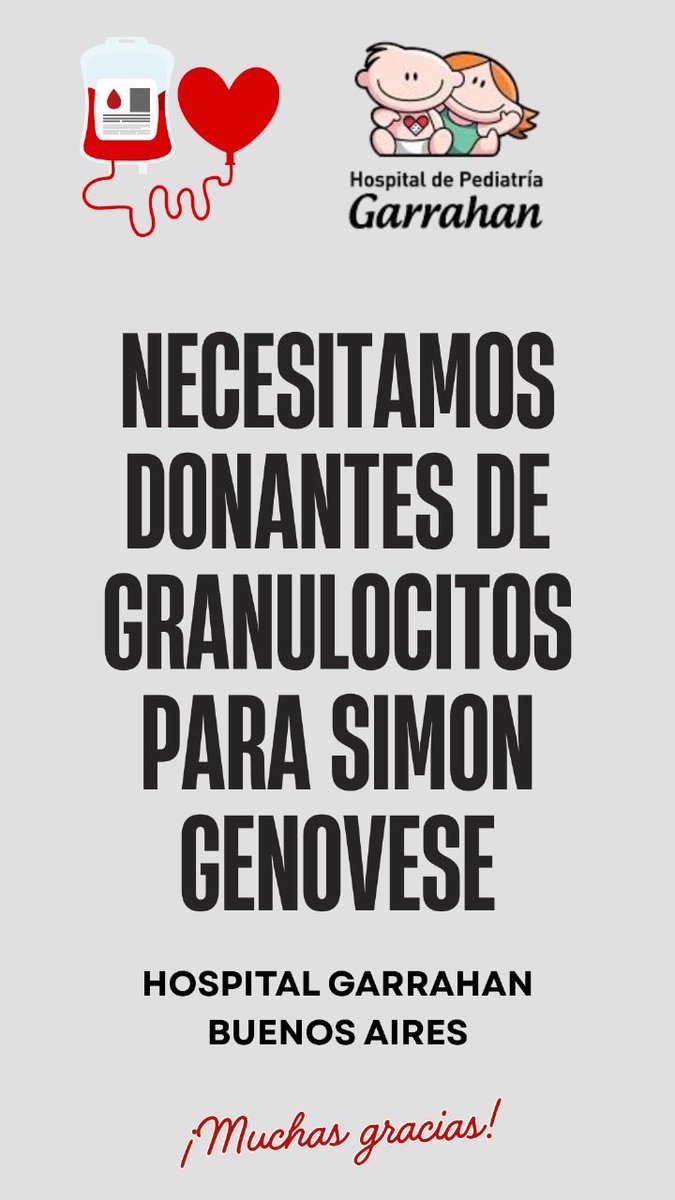 maxhuracan's tweet photo. Se necesitan dadores de granulocitos para Simón Genovese, que se encuentra internado en terapia intensiva en el Hospital Garrahan.  

Si queres donar tenes que completar el formulario 👇
https://t.co/Sl03VheEAL https://t.co/WGIECthjgZ