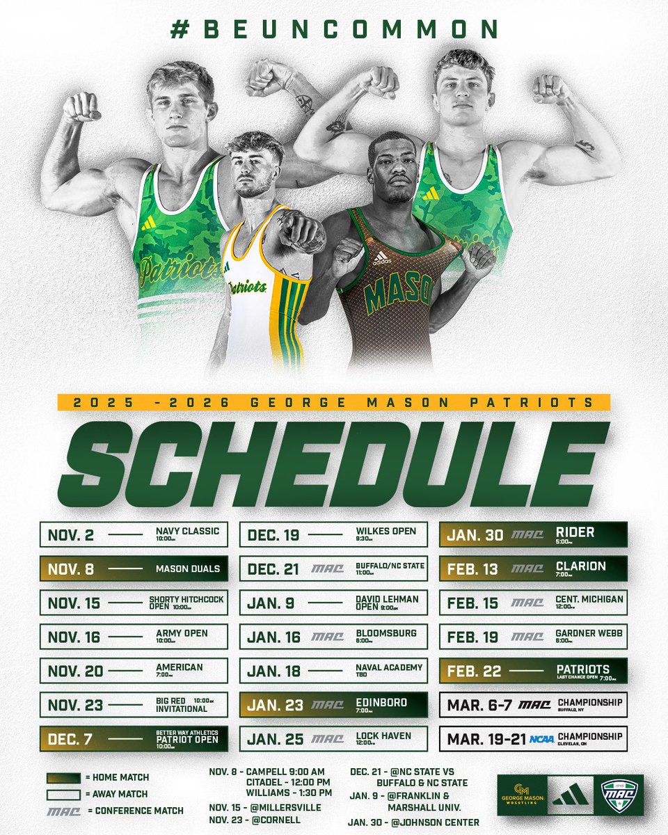The 2025-26 @MasonWrestling schedule is here! 
A challenging slate awaits as the Patriots gear up for another exciting season on the mat.
#BeUncommon
gomason.com/news/2025/10/9…