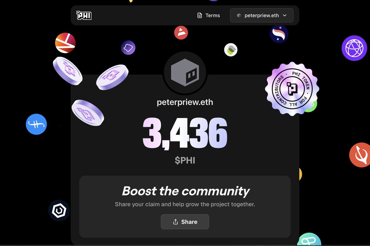 PriewPeter's tweet photo. เปิดเคลม $PHI Airdrop 🪂 จาก @phi_xyz โปรเจ็คที่ให้เราสร้างเมืองจากไอเทมต่างๆ ถ้าจำไม่ผิดอยู่บน Polygon ผมได้มา 3,436 $PHI 

การเคลมจะต้องทำ 3 อย่าง
1. Follow @phi_xyz 
2. Join Discord 
3. สร้าง Board Coin ของเรา

ไปที่ 👉 https://t.co/Yll2g4Kukv จะเพิ่มรูปภาพ/ข้อความ/ อะไรก็ได้ ลงไปในบอร์ดของเรา แต่งๆ ไปครับ 555 หรือจะเพิ่ม NFT ในกระเป๋าเราก้ได้ลงไป เสร็จแล้วก็กด Public เสียตังนิดหน่อย ทำให้เรียบร้อย แล้วมากดเคลม 

ขายได้ที่ @AerodromeFi 👇
https://t.co/eygmj6YN4G 

ผมขายได้มา 0.026 $ETH ~ $112 ☺️