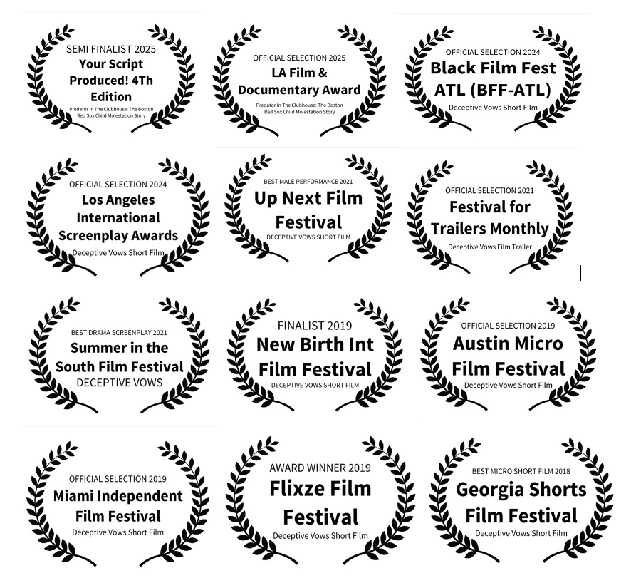 scriptman1's tweet image. My 12 Film Festival Selection and Awards Laurels. 10 for "Deceptive Vows," and 2 for "Predator in the Clubhouse: The Boston Red Sox Child Molestation Story."