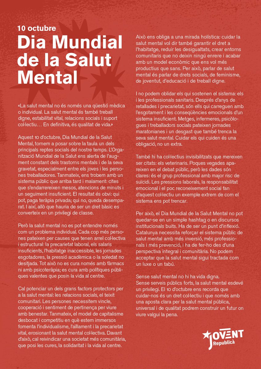 🔴10 d’octubre | Dia Mundial de la Salut Mental

🗣️ Sense salut mental no hi ha vida digna. I sense serveis públics forts, esdevé un privilegi. Reivindiquem els nostres drets i exigim una salut mental pública, universal i de qualitat per construir un futur on viure valgui la pena