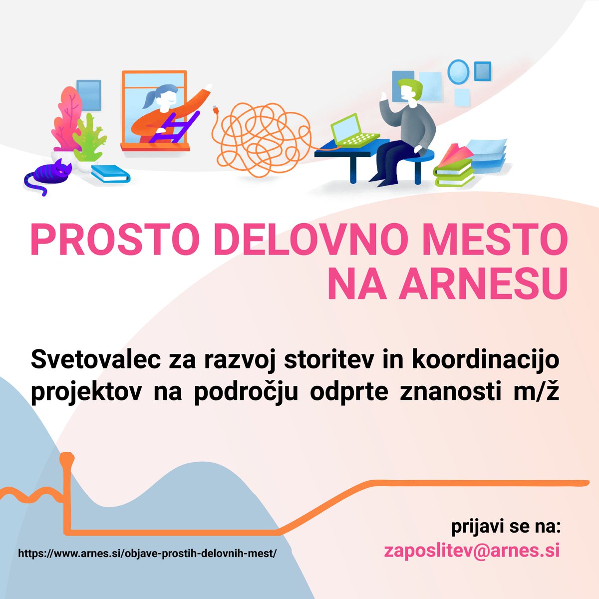 ArnesInfo's tweet photo. V našo ekipo vabimo usposobljeno, samoiniciativno in kreativno osebo, ki bo prispevala k načrtovanju ter razvoju IT-storitev na področju raziskovanja in odprte znanosti. Delo je zanimivo in raznoliko. Vse naše oglase najdete na https://t.co/6iD1o6FTfD #sluzba #job #delo #mojarnes https://t.co/arKV9sOy6C