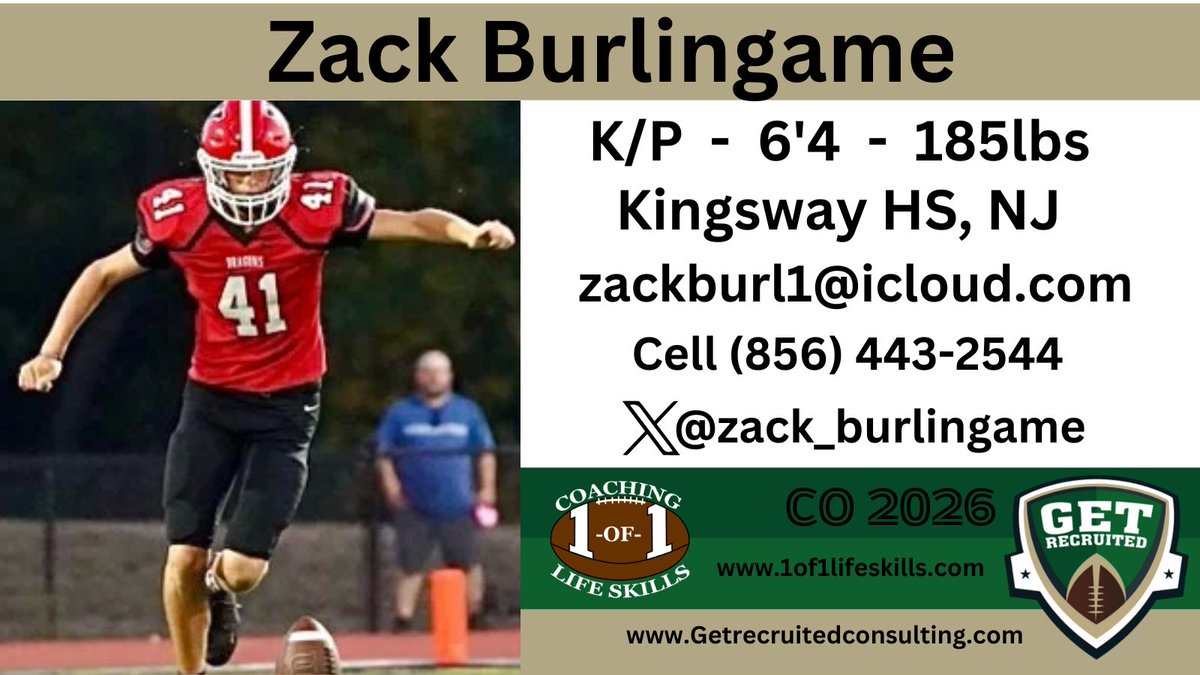 Get__Recruited's tweet image. Zack Burlingame - CO 2026 - K/P - 6&apos;4, 185lbs - Strong, accurate leg, deep kickoffs, great punter. Kingsway HS, NJ. Player profile:  app.productiverecruit.com/profile/zack-b…… 
@zack_burlingame @1of1lifeskills @BloomUFootball @VulcanFootball @ESU_Football @IUPfootball @VILLEfb @ShipFootball