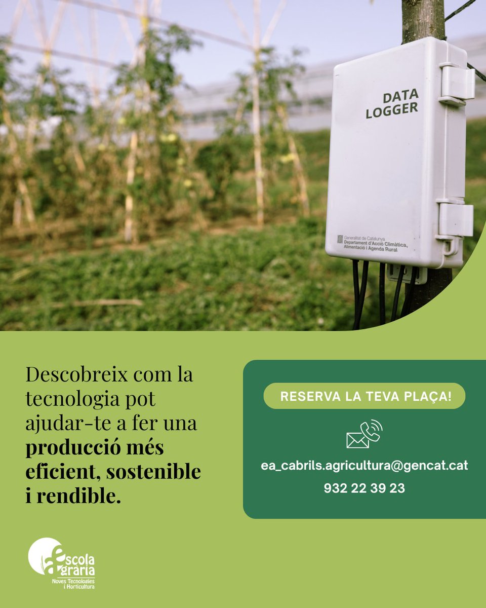 EscolaCabrils's tweet image. Guarda't la data: 11 i 13 de novembre!🗓️Ús de #sensors per a cultius hortícoles, el nou curs que et permetrà descobrir com la #tecnologia pot ajudar-te a fer una producció més eficient, sostenible i rendible.
Reserva la teva plaça!
📩ea_cabrils.agricultura@gencat.cat
📲932223923