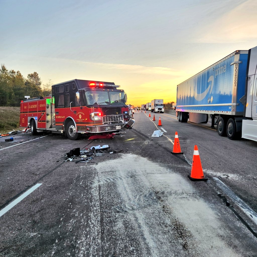 Two firefighters have been sent to hospital after a tractor-trailer collided into a fire truck. 
The fire truck was on the scene of an earlier collision blocking a live lane - WB #Hwy401/Newtonville Rd. 2:30am. 
The fire fighters were inside their vehicle at the time of the
