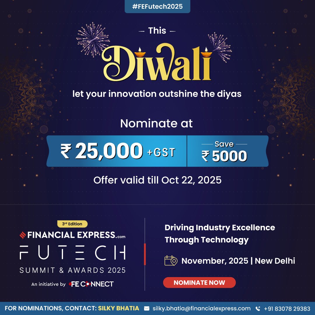 FE_Connect's tweet image. This Diwali, let your innovation outshine the diyas! ✨
Nominate for FE Futech Awards 2025 and celebrate the brilliance that drives India’s tech transformation.

📍 November 2025 | New Delhi
🔗Nominate today: shorturl.at/HgYNP

#FEFuTech2025 #DiwaliOffer #FEConnect