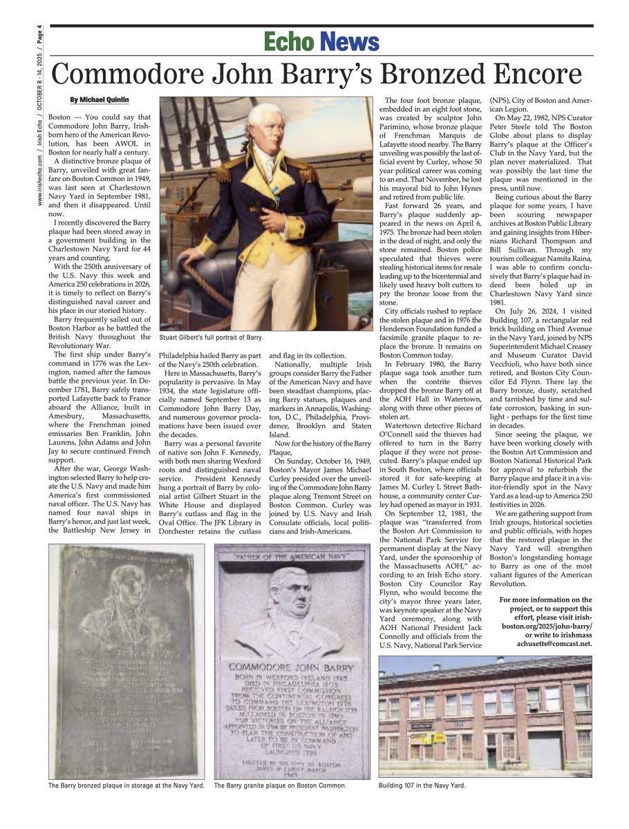 Read about #Boston's efforts to repair the forgotten plaque to Commodore John Barry and return it to a public setting in #Charlestown #NavyYard.  The story appears in this week's <a href="/IrishEcho/">Irish Echo Newspaper</a>.  irishmassachusetts.blogspot.com/2025/10/a-proj… #meetboston <a href="/bostonNHP/">Boston NHP</a> <a href="/BostonLandmarks/">Boston Office of Historic Preservation</a> <a href="/USNavy/">U.S. Navy</a> <a href="/USSConstitution/">USS CONSTITUTION</a>
