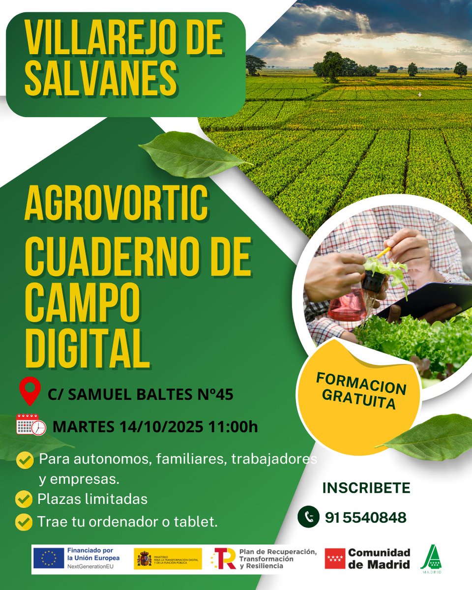 ℹ️ Formaciones gratuitas Cuaderno de Campo Digital. 

📍 Villarejo de Salvanés. 

📆 14 de octubre. 

⚠️ PLAZAS LIMITADAS 

#AsajaMadrid #ContigoEnCadaPasoDelCamino