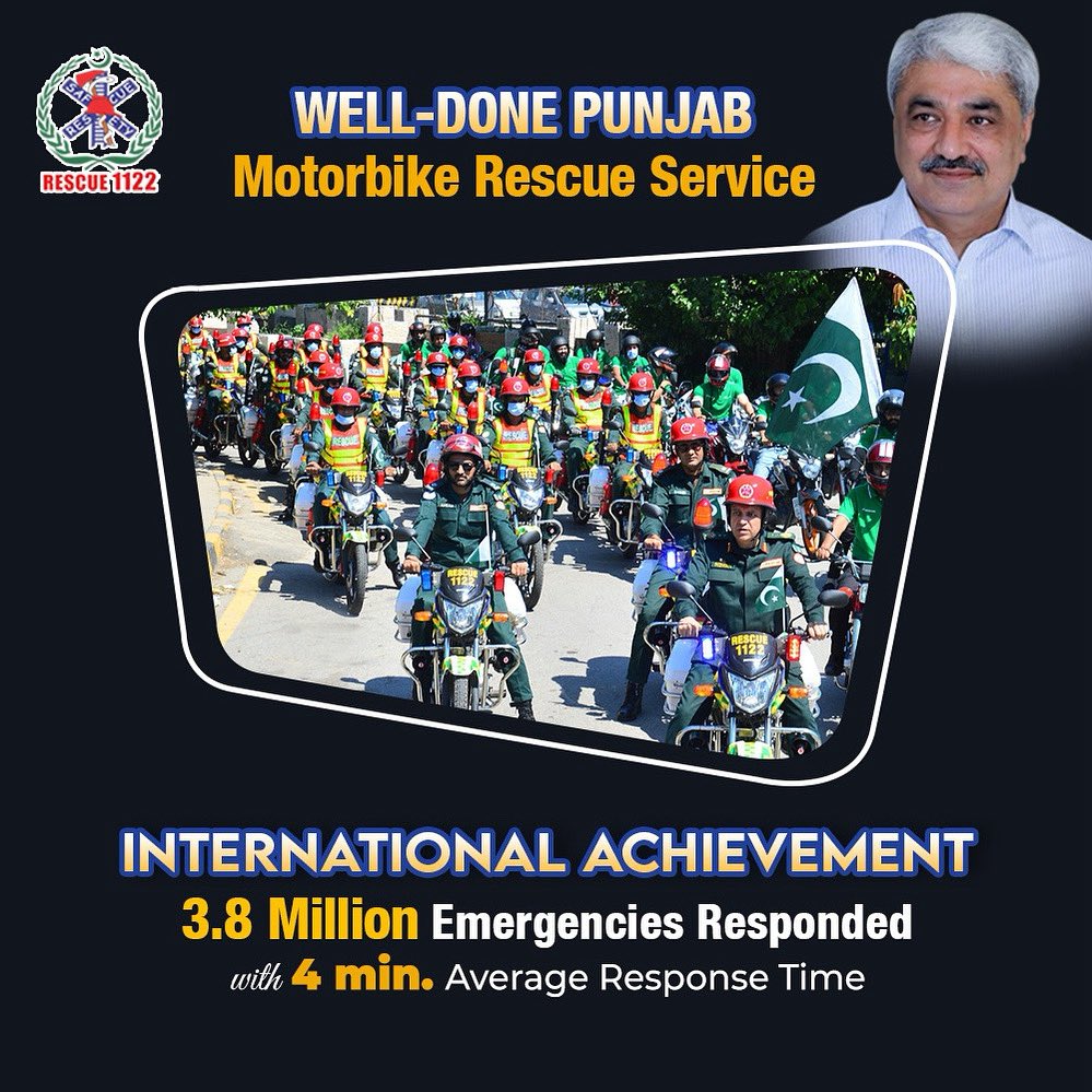 "with Average Response Time of 4 Minutes 3.8 Million Emergencies Responded ! 🚨🚲 Punjab Motorbike Rescue Service's historic achievement! 🚨 Average response time of 4 minutes ⏱️ sets a global standard in emergency response!