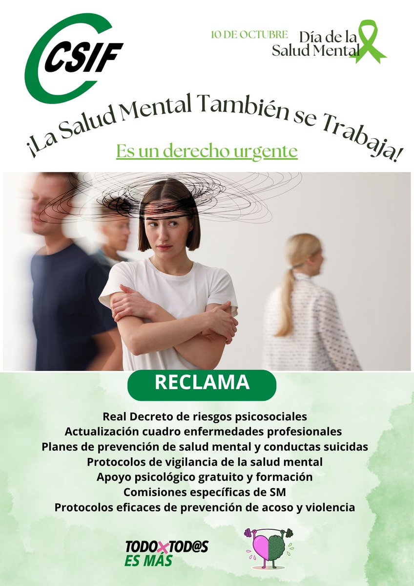 CSIFAndalucia's tweet image. CSIF exige reforzar la prevención en salud mental en el trabajo, que ya es la segunda causa de bajas de larga duración en Andalucía.
❌ Critica la infradotación de especialistas en la sanidad pública para tratar patologías relacionadas con este ambito.
tinyurl.com/5749sdr5
