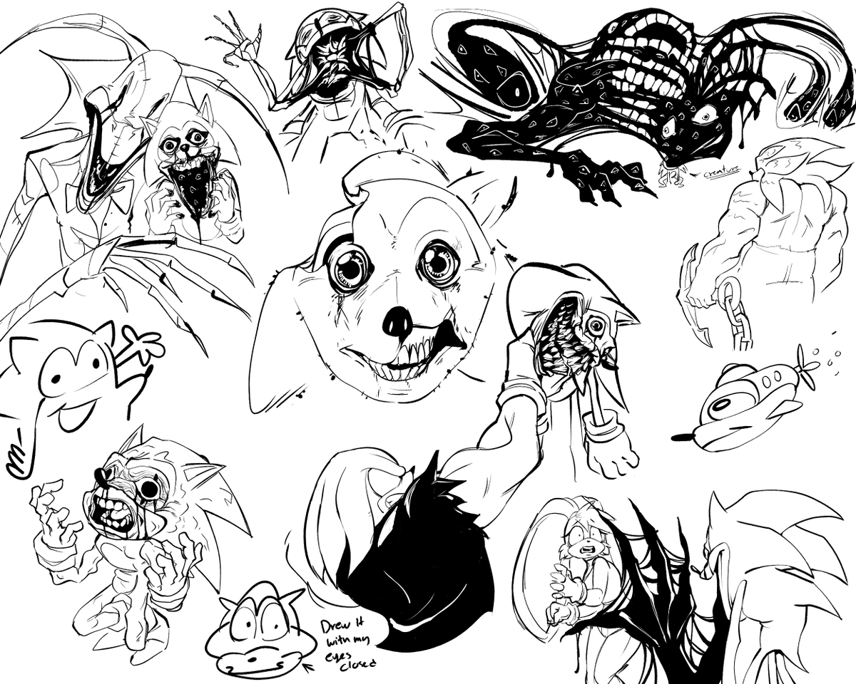 pug_boi69's tweet image. I tried to make him scary (this was done last year before the ref was made, yes I forgor to post it) 
art done by @crackitoes 
creature by @SmolSafe 
#sonicexe #exeoc #execommunity #horrorbrew