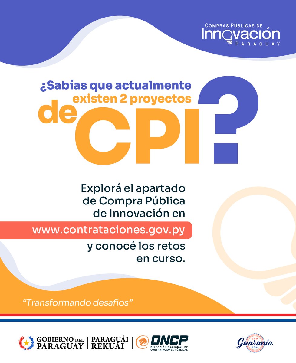 dncp_py's tweet image. 💡¡Conocé más sobre la Compra Pública de Innovación!
👉🏻 Esta iniciativa llegó a Paraguay con dos retos que necesitan soluciones innovadoras. 💫
Ingresá a 🔗 bit.ly/CPI-DNCP para descubrir de qué se tratan.