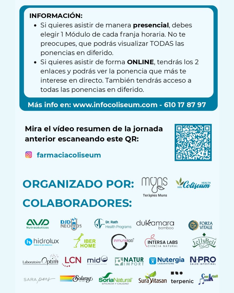 FEMTC's tweet image. 2ª Jornada de Oncología Integrativa en Barcelona: 18 de oct. 2025.
Disfruta de 14 ponencias, 4 talleres y música en vivo.
Inscripción desde 15€
Con descuento si vienes de ESMTC o Practitioner&apos;s Register

¡Plazas limitadas! Reserva en @farmaciacoliseum

#SaludIntegrativa #Jornada