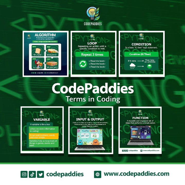 codepaddies's tweet image. Hi CodePaddie! 👋🏾
Over the past four weeks, we've learned some cool coding words like Algorithm, Loop, Variable, Function, and more!
Which one was your favourite?
Tell us in the comments below — we’d love to hear from you! 💬💻
#KidsWhoCode
#CodingIsFun
#CodePaddies