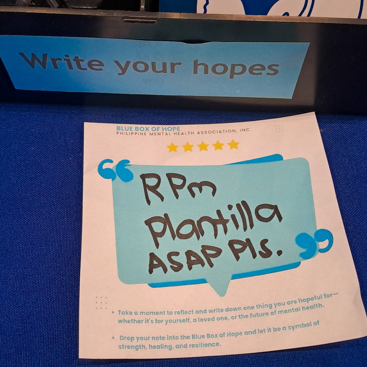 Happy #WorldMentalHealthDay 💙

Ang hiling ko ay sana magkaroon na ng sapat na plantilla positions at iba pang oportunidad na angkop sa lisensya ng mahigit 50,000 registered psychometricians sa Pilipinas, kasama na ang maayos na sahod na sapat para sa maayos na pamumuhay #rpmtwt