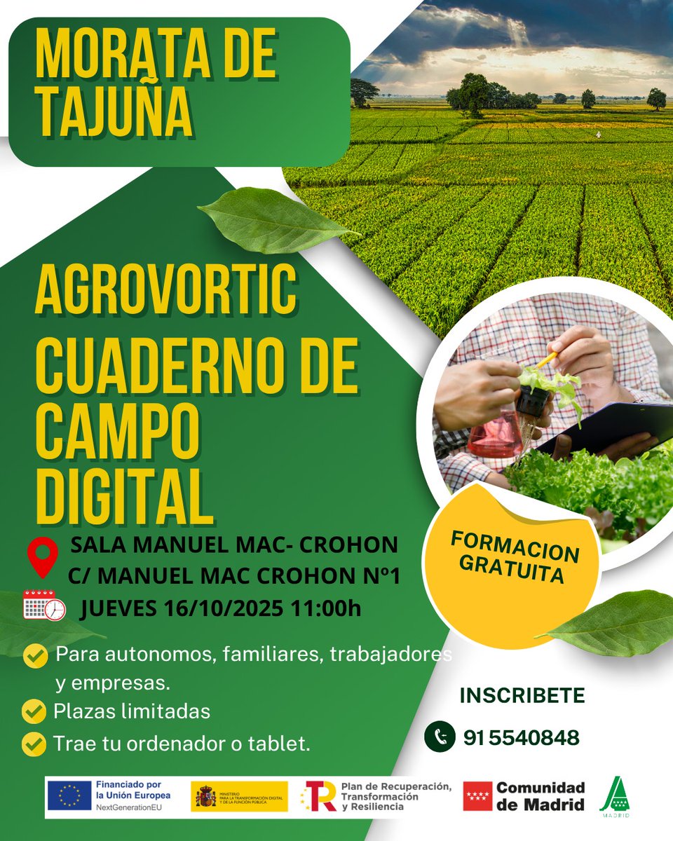 ℹ️ Formaciones gratuitas Cuaderno de Campo Digital.

📍 Morata de Tajuña. 

📆 16 de octubre.

⚠️ PLAZAS LIMITADAS

#AsajaMadrid #ContigoEnCadaPasoDelCamino