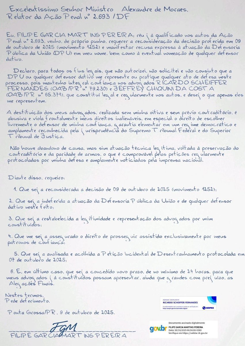 marcelvanhattem's tweet image. Manifestação de Filipe Martins sobre a decisão abusiva de Alexandre de Moraes que destituiu seus advogados: