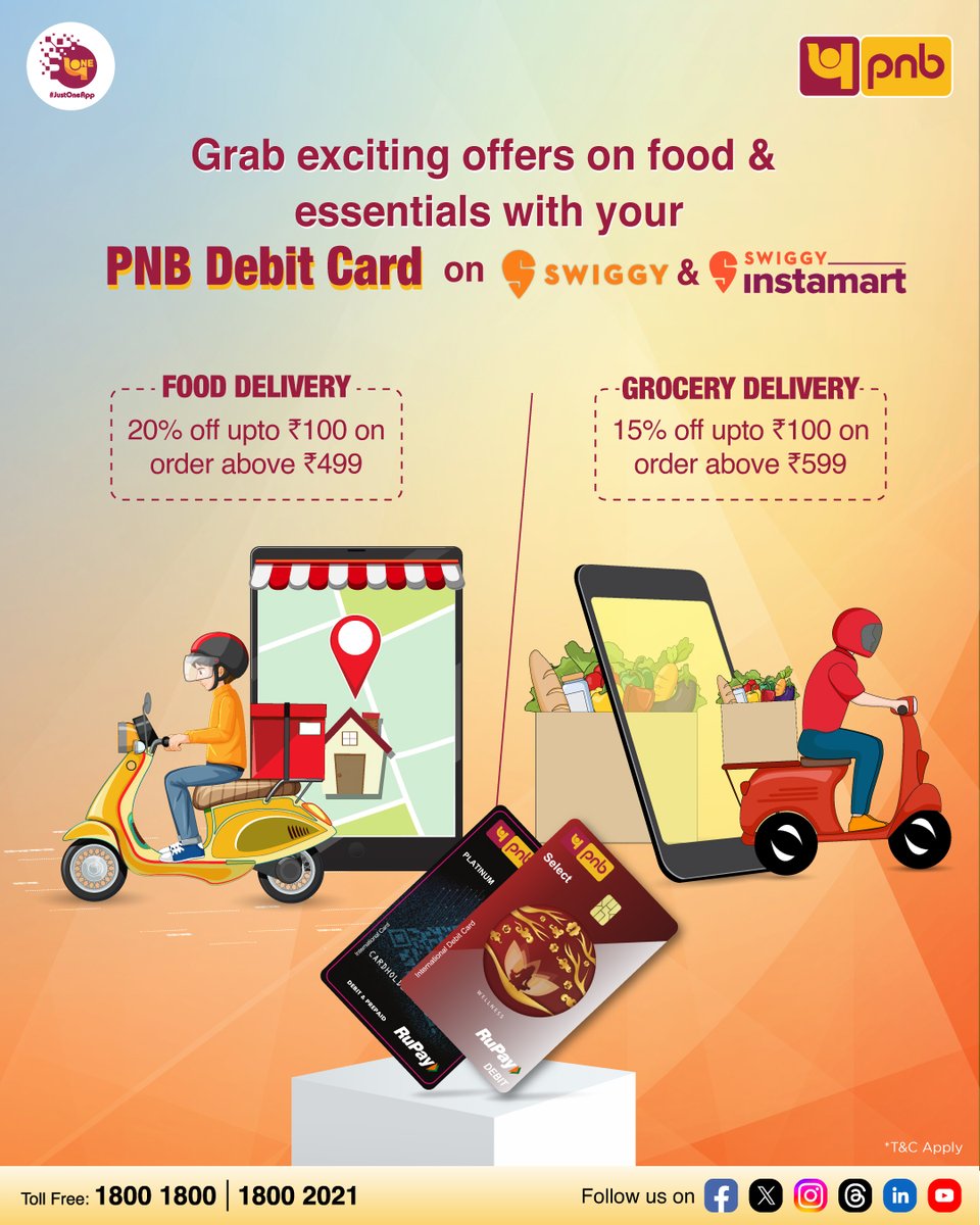 pnbindia's tweet photo. Enjoy exciting discounts on food and essentials with your PNB Debit Card!
Order now and save with Swiggy & Instamart!
To know more, visit https://t.co/Qpt9YdBG8m
#PNB #DebitCardOffers #Rewards #SmartShopping #Swiggy #Instamart #Banking #DebitCard https://t.co/g0tILfTYEn