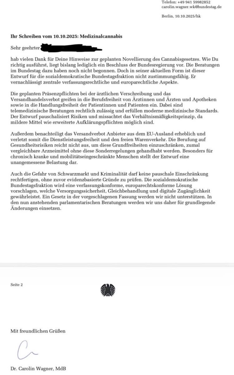 Frau Dr. Carolin Wagner (SPD Regensburg) und Mitglied des Bundestags, reagiert auf eine E-Mail eines Betroffenen/Besorgten. 

Wie auch schon Frau Carmen Wegge:
„Ein Gesetz in der vorgeschlagenen Fassung werden wir nicht unterstützen“.

#MehrSchwarzmarktWarken 
#MedCanG