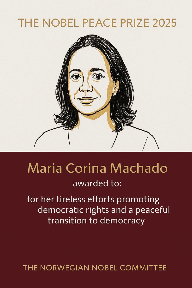 Study_hutch's tweet photo. 🕊️ Nobel Peace Prize 2025 🏅  
Awarded to: **Maria Corina Machado (Venezuela)**  
🏛️ For: Her tireless efforts promoting democratic rights and a peaceful transition to democracy.  
#NobelPeacePrize
#study_hutch https://t.co/FSHZQ5gKzd