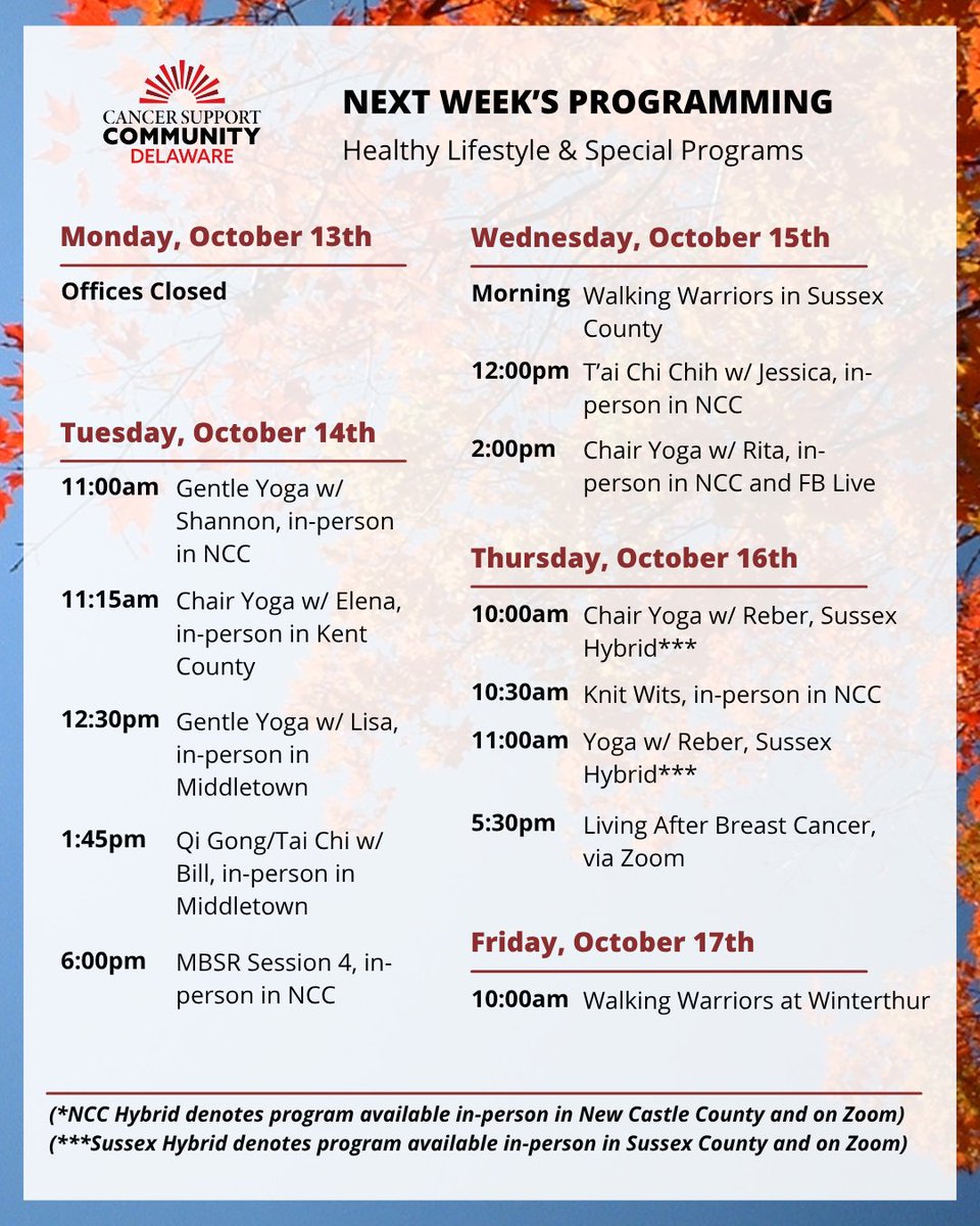 CancerSupportDE's tweet image. Here is what&apos;s coming up next week at #CSCDE!

Join us Thursday at 5:30pm on Zoom for Navigating Life After Breast Cancer, an evening of open conversation about common concerns during breast cancer survivorship. Register at: form.jotform.com/231275348163153.

#CSCDE #CancerSupport…