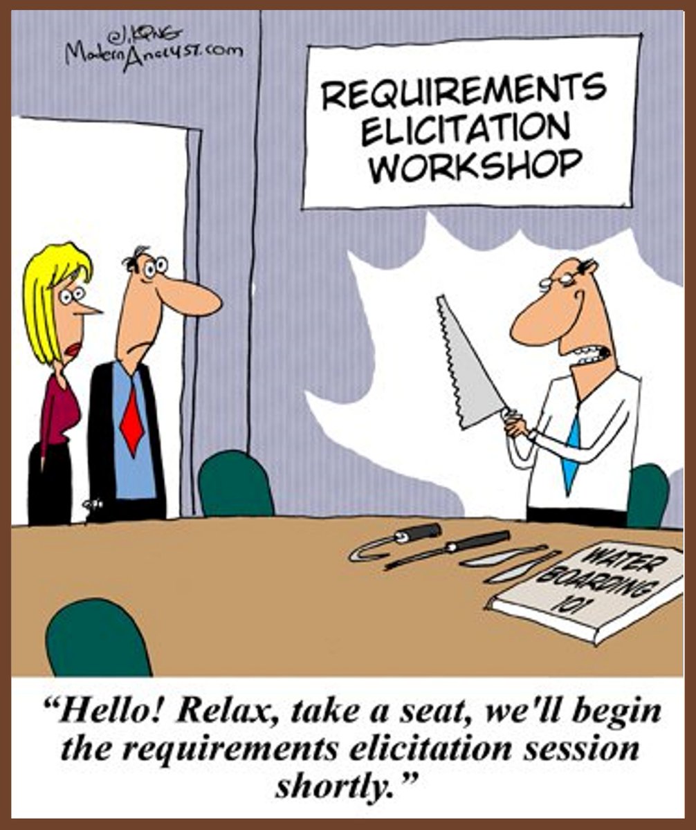 lnmishra's tweet image. #FridayHumor
When stakeholders think that requirements elicitation means interrogation!

No need for saws or lie detectors—just good questions, active listening, and maybe a little patience 😄
Requirements gathering should be a conversation, not a crime scene!

Credit: Cartoon by…