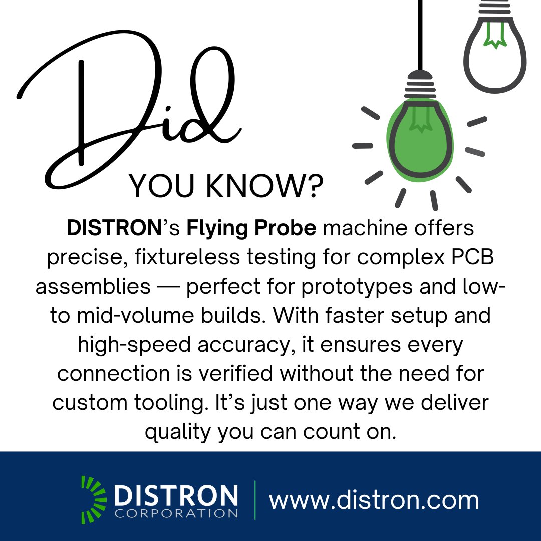 DistronCorp's tweet photo. 💡 DISTRON’s Flying Probe machine enables fast, precise, fixtureless testing for PCB assemblies—perfect for prototypes &amp; low-mid volume builds. Every connection verified, no custom tooling needed.

#Electronics #PCBA #Manufacturing #DistronDifference https://t.co/m3mjq2lxwN