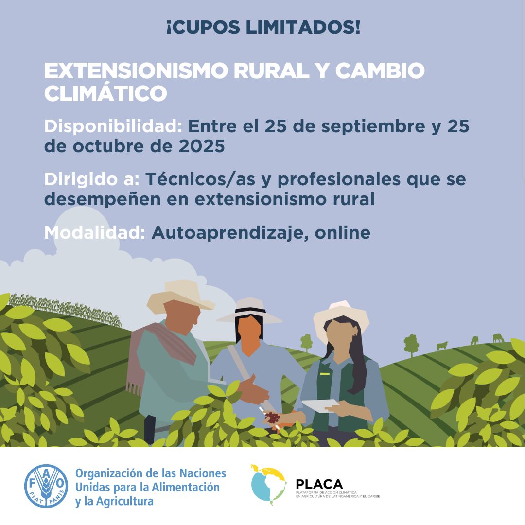 🚨¡Regresa el curso de Extensionismo Rural y Cambio Climático!
Profundiza los conceptos clave sobre el #CambioClimático y conoce casos de extensionismo rural en América Latina y el Caribe🌍

¡Inscríbete ahora! ➡️ bit.ly/cursoPLACA

#PLACA2025 #ExtensionismoRural