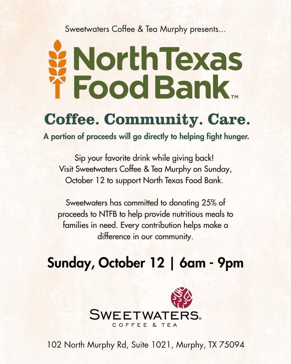 ntfb's tweet image. ☕Sip your favorite drink while giving back! Visit @sweetwaters on Sunday October 12 from 6am -9pm to support the North Texas Food Bank.💚

 #SupportLocal #NorthTexas #CommunityFirst #FoodBank #SipAndSavor #LocalBusiness #GiveBack #CoffeeForACause