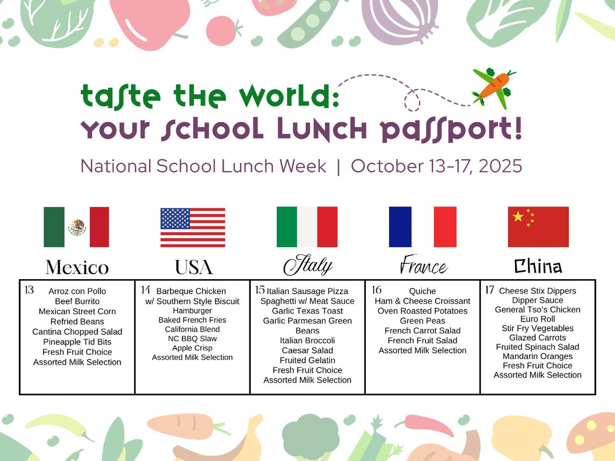 📢October 13th-17th is National School Lunch Week: check out our lunch menu!
#loveservingtheu #teamucps #nslw25 #schoollunchrocks 
<a href="/UCPSNC/">Union County Public Schools</a> <a href="/AGHoulihan/">Andrew G. Houlihan</a> <a href="/coolonmoore/">Colon Moore</a>
