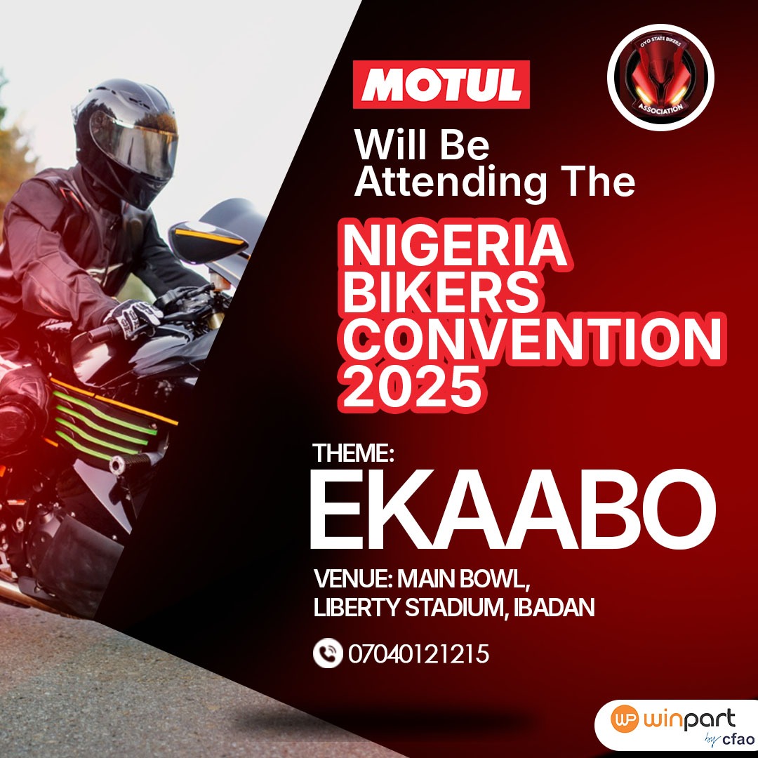 WinpartN's tweet photo. "EKAABO! 🏍️✨ The Nigeria Bikers Convention 2025 is calling and Motul is READY! Liberty Stadium, Ibadan is about to witness the biggest biker gathering of the year. Premium bikes deserve premium care - that's why Motul keeps the wheels spinning and the engines roaring! https://t.co/UxS9oSQQKA